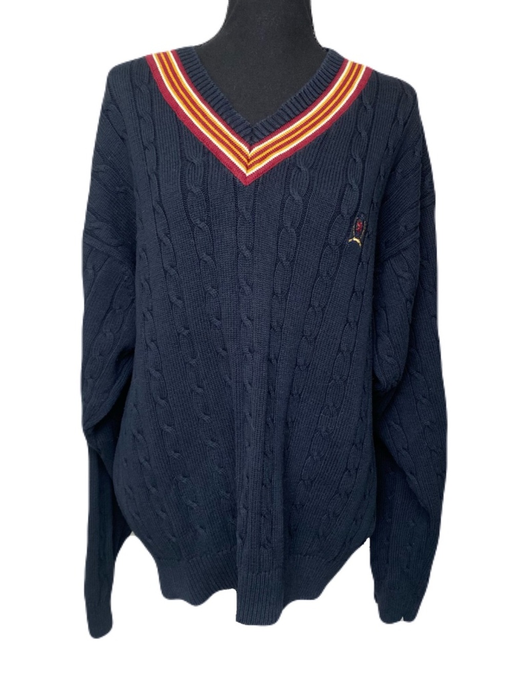 Tommy Hilfiger V-Neck Cable Knit Sweater Mens Embroidered Men's Large Preppy